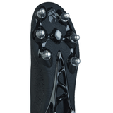 Close-up view of the sole of a Canterbury Stampede Groundbreak Pro SG in Black/Silver Metallic, highlighting metal studs and a textured surface designed for optimal traction on soft ground.