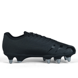 The Canterbury Stampede Groundbreak Pro SG in Black/Silver Metallic is a sophisticated soccer cleat designed with six conical metal studs on the sole, providing enhanced traction on soft ground and optimal power transfer.