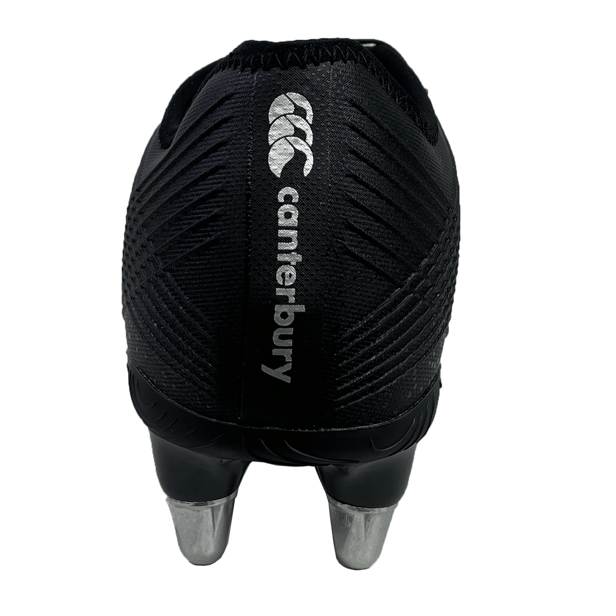 Rear view of a black and silver metallic Canterbury Stampede Groundbreak Pro SG rugby boot with metal studs, featuring the white Canterbury logo, designed for optimal traction on soft ground.