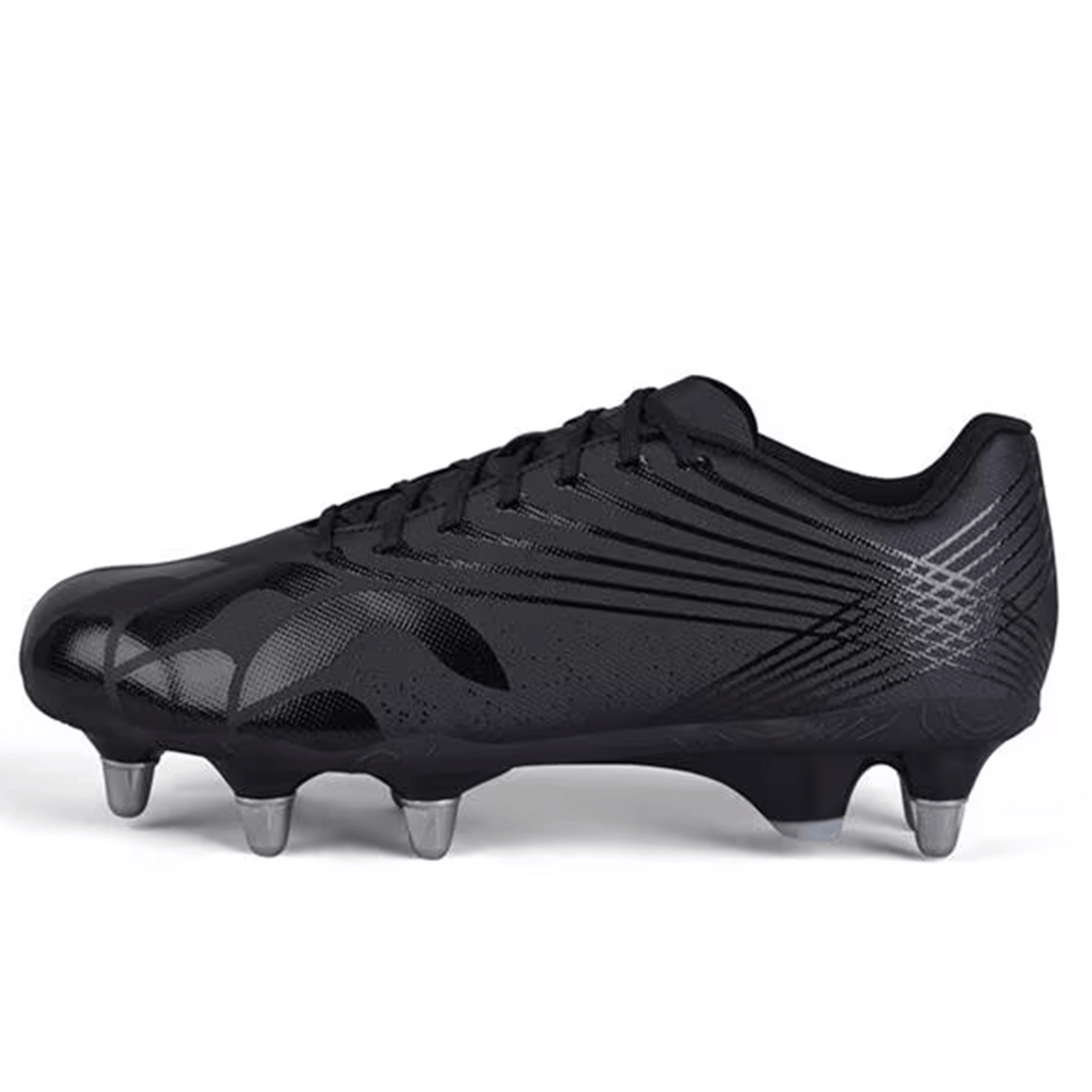 The Canterbury Stampede Groundbreak Team SG in Black/Silver Metallic boasts WRS M5 Studs and a sleek design, perfectly suited for soft ground play. It features a lace-up closure and is endorsed by the Stampede Groundbreak Team for ultimate performance.