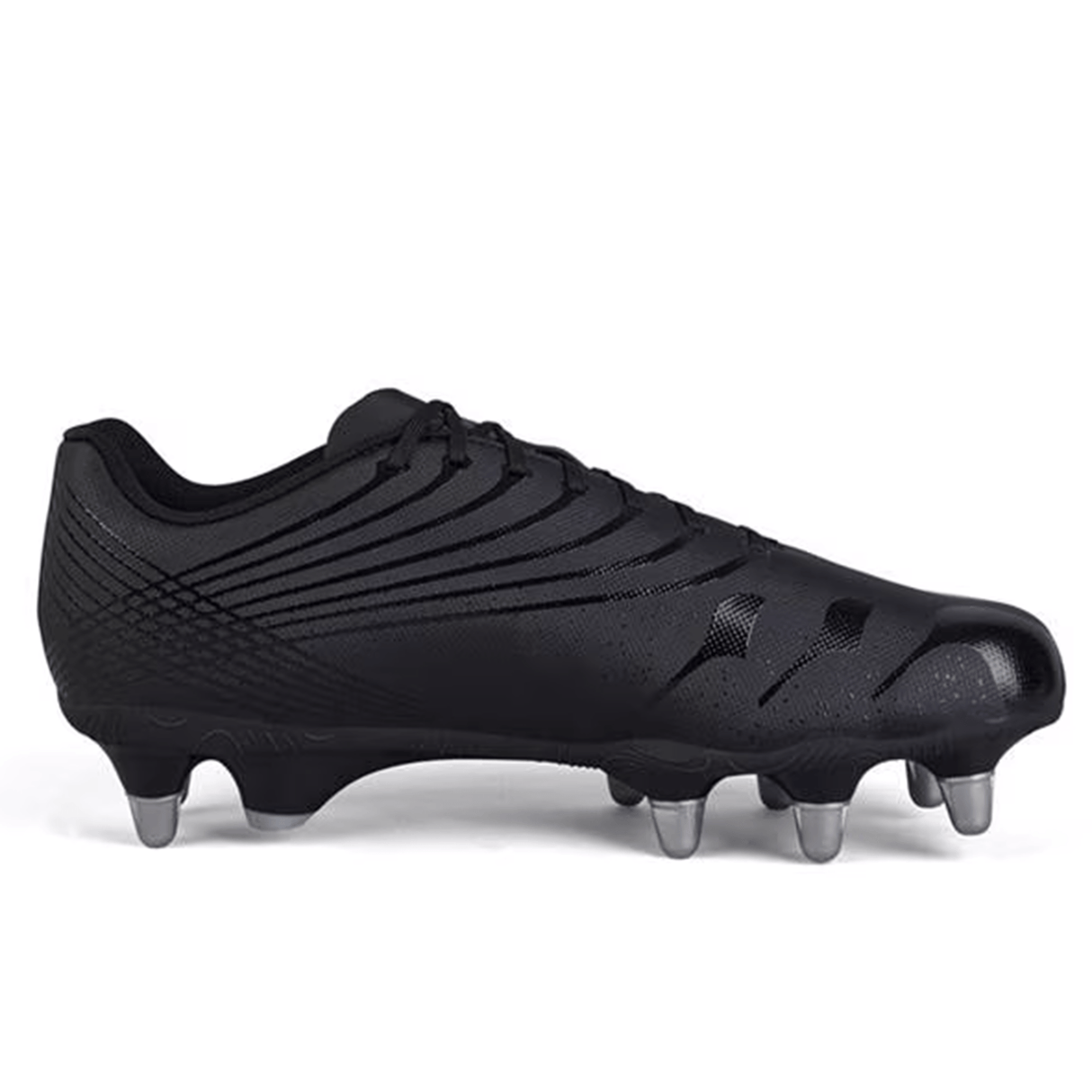 Introducing the Canterbury Stampede Groundbreak Team SG in Black/Silver Metallic by Canterbury, a rugby cleat designed with WRS M5 Studs for exceptional firm grip on the field—perfect for those tough matches.