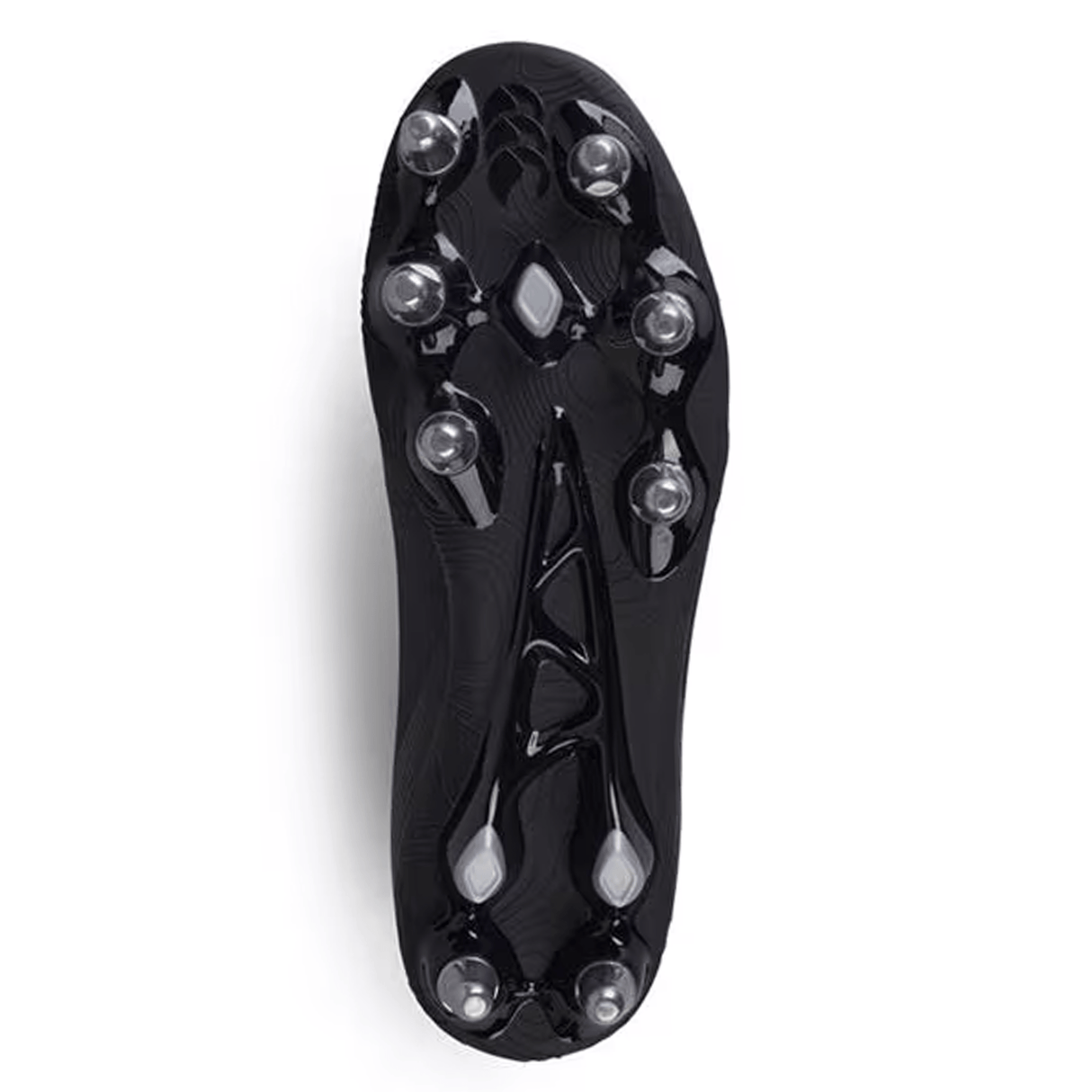 The image shows the bottom view of a black and silver metallic Canterbury Stampede Groundbreak Team SG soccer cleat, featuring seven circular WRS M5 studs arranged for traction on soft ground.