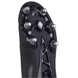 Close-up view of the sole of a black and silver metallic Canterbury Stampede Groundbreak Team SG football cleat, featuring six WRS M5 Studs designed for soft ground play.