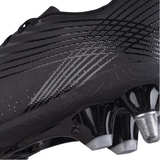 Close-up of the Canterbury Stampede Groundbreak Team SG in Black/Silver Metallic, showcasing textured patterns and metal studs on the sole, along with a molded heel for enhanced stability.