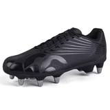 The Canterbury Stampede Groundbreak Team SG in Black/Silver Metallic, designed with WRS M5 Studs for optimal performance on soft ground, is set against a white background.