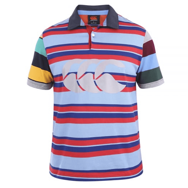 A Canterbury Uglies Polo with a colorful stripe pattern.