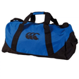 A blue and black Canterbury Packaway Duffle Bag with a logo on the side, perfect for the transportation of workout essentials, featuring both hand straps and a shoulder strap.