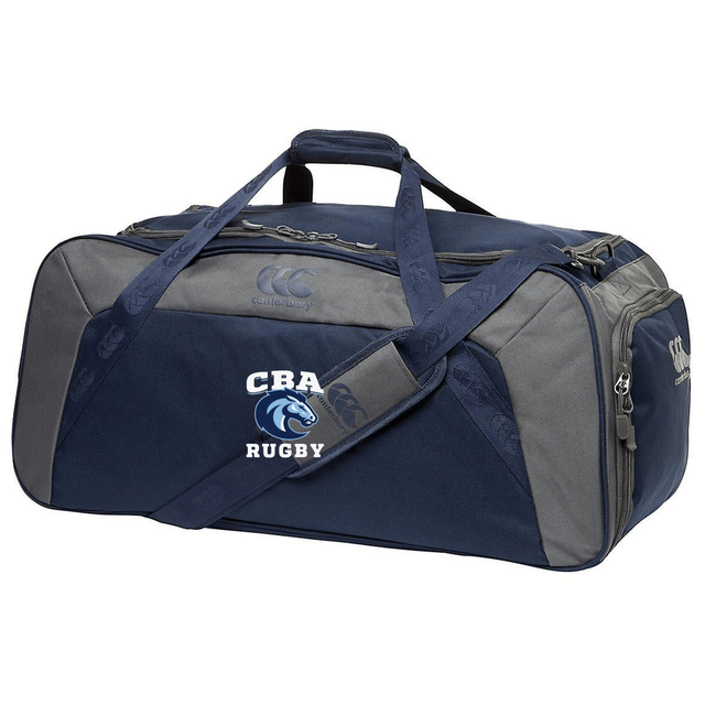 The EMB Canterbury Christian Brothers Academy Rugby Holdall Duffle Bag features a lion logo and "CRA" in navy blue and gray, with an adjustable shoulder strap for easy carrying.