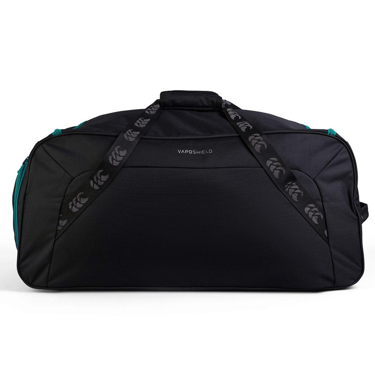 A large Ireland 24 Holdall Duffle Bag by Canterbury, in black with black straps that display a logo pattern and "VapoShield" written near the top center. The bag features visible teal-colored accents on the sides.