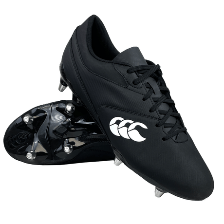 Canterbury Phoenix Raze SG Boot in black and white, featuring the brand's iconic logo on the side. One boot showcases its high-traction studded sole for superior grip, while the other stands upright.