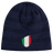 Just In: EMB Canterbury's Italy Shield Beanie boasts a navy knit with horizontal stripes, featuring an Italian flag shield emblem on the front.