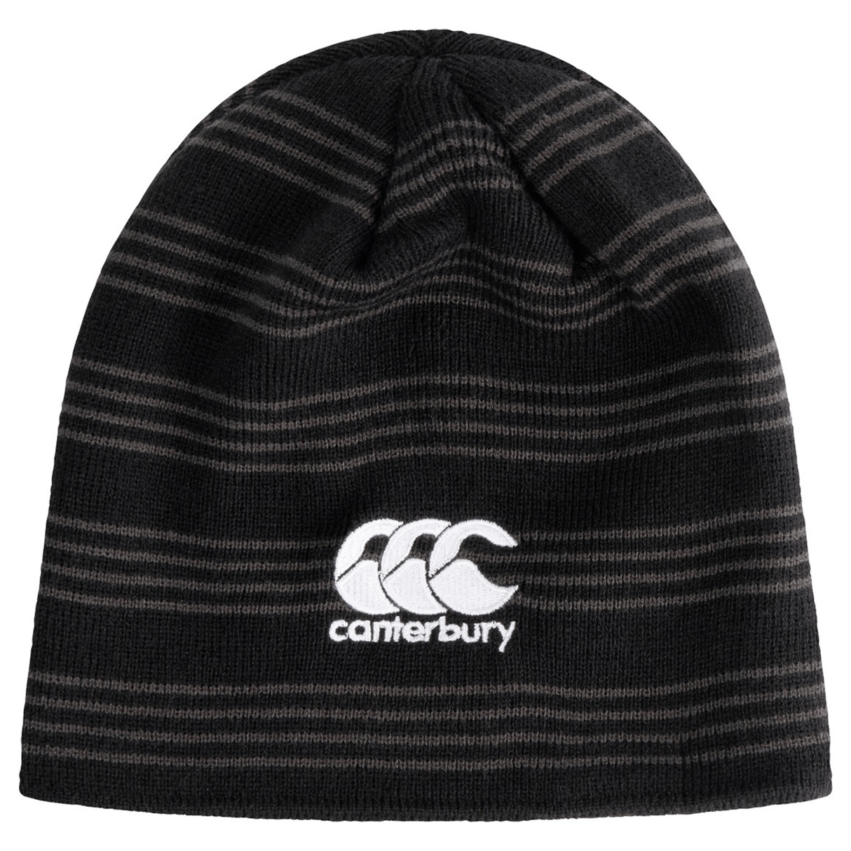 A black and gray striped beanie from EMB Canterbury with the "Canterbury" logo embroidered on the front, elegantly highlighting the essence of a Wales Shield Beanie.