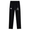 The Highlanders Rugby NC Stretch Tapered Pant by Canterbury, from the EMB Canterbury brand, features quick-dry black fabric adorned with logos on the front. One logo reads "Canterbury," and the other is "Highlander Rugby" accompanied by a shield symbol. These workout pants offer both comfort and functionality with their elastic waistband and zippered bottom hems.