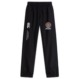 Introducing the Hampden Sydney College Cuffed Hem Stadium Pant by Canterbury. These black stadium pants from EMB Canterbury feature an elastic waistband and showcase a rugby team logo on the right leg, while the left leg sports the iconic Canterbury of New Zealand brand logo in white. Ideal for both on-field performance and off-field comfort, these cuffed hem pants are a must-have for any rugby enthusiast.