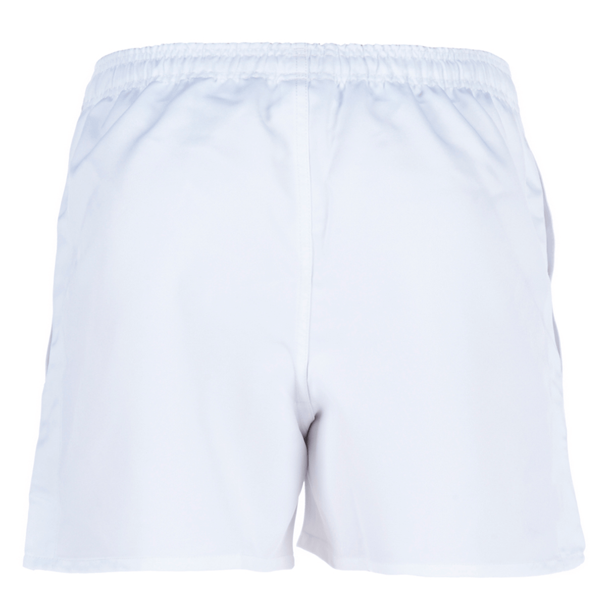 A close up of a Canterbury Professional Polyester Rugby Short in white on a white background.