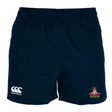 Navy blue Pittsburgh Harlequins Rugby Player's Drill Shorts by EMB Canterbury, crafted from durable sportswear fabric, showcase the white Canterbury logo on the left and a distinctive emblem with text on the right, ensuring performance and style in every match.