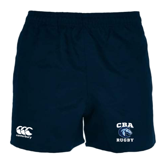 The navy blue rugby shorts by EMB Canterbury are made from durable polyester, featuring an elastic waistband. The "Canterbury" logo is on the left leg, while "CRA Rugby" with a bear logo is on the right leg. These are the Christian Brothers Academy Rugby Professional Shorts.