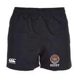 The Hampden Sydney College Professional Polyester Rugby Shorts by EMB Canterbury are made of durable polyester and feature an embroidered emblem on the right leg with "RUGBY" below it. The iconic Canterbury logo is displayed on the left leg.