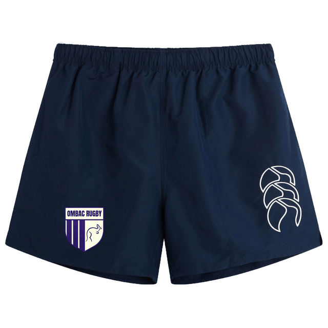 The OMBAC Rugby Tactic Short by EMB Canterbury comes in navy blue and features a white Canterbury logo on the right thigh, a shield insignia with the text "OMBAC Rugby" on the left thigh, and an elasticated waist for enhanced comfort.