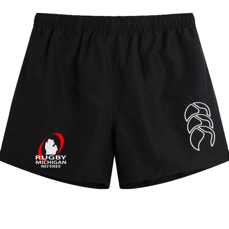 The Rugby Michigan Referee Society Tactic Short by EMB Canterbury is an essential piece in men's sportswear, featuring a bold red and white logo on the left and a unique white tribal-style design on the right.