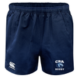 The Christian Brothers Academy Rugby Player's Drill Short by Canterbury in navy blue is crafted from recycled fabric. It features the "CBA Rugby" text and logo on the right and the EMB Canterbury logo on the left, combining style with sustainability.