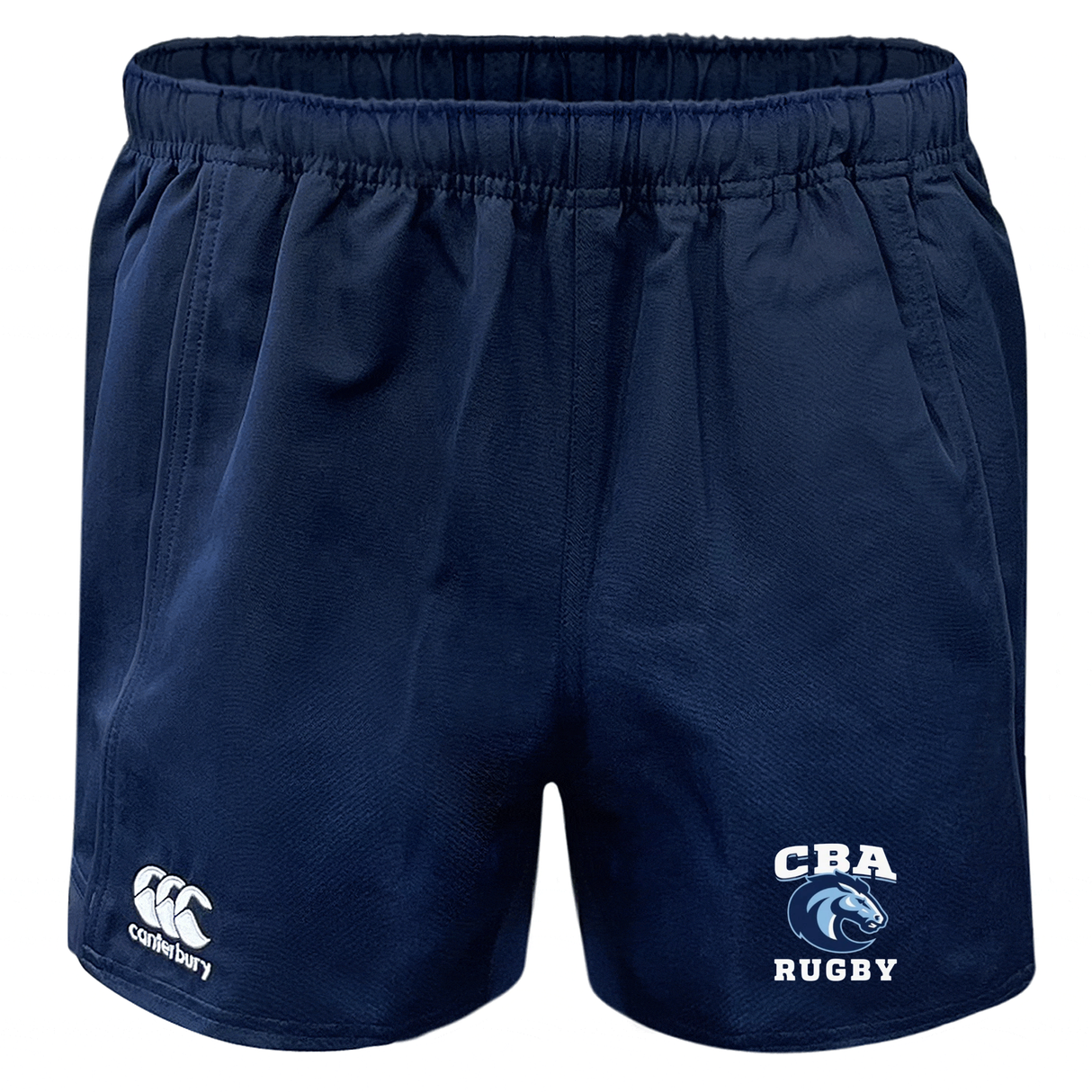 The Christian Brothers Academy Rugby Player's Drill Short by Canterbury in navy blue is crafted from recycled fabric. It features the "CBA Rugby" text and logo on the right and the EMB Canterbury logo on the left, combining style with sustainability.