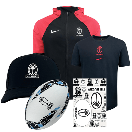 The Fijian Fan Gift Set by Fast Bundle offers Flying Fijians supporters a selection of merchandise, including a black and red jacket, black t-shirt, black cap, Fiji Supporters Ball, and a sticker sheet featuring iconic Fiji Rugby logos.