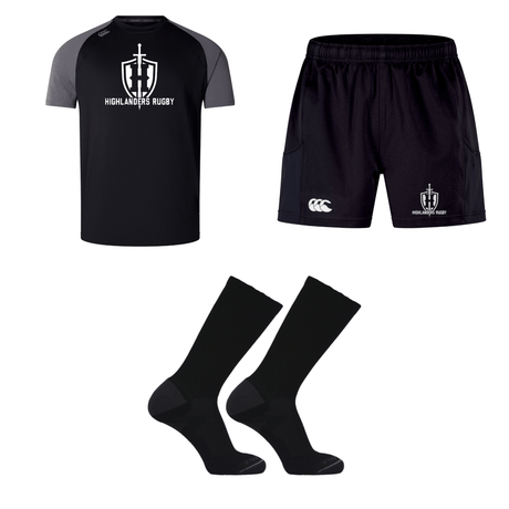 Introducing the Highlanders New Player Bundle - HS Boys by Bundle, which includes a black and grey rugby uniform featuring a short-sleeved Highlanders Training Shirt emblazoned with the "Highlanders Rugby" logo, coordinated Highlanders Rugby Shorts, and a pair of black crew socks.