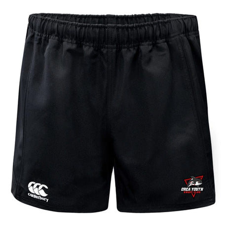 The Orca Youth Player's Drill Short by Canterbury, crafted from recycled fabric for eco-conscious athletes, features an elastic waistband and is adorned with the EMB Canterbury logo on the left and "Orca Youth Rugby" on the right.