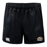 The Western Michigan University Men's Rugby Advantage Short 2.0 by EMB Canterbury features black rugby performance shorts with an elastic waistband, showcasing the Canterbury logo on the left leg, a rugby horse logo on the right leg, and a stretch gusset for enhanced movement.