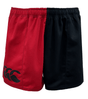 A pair of Canterbury Classics Harlequin Cotton Shorts from Canterbury is split vertically with the left side red and the right side black, showcasing a logo on the lower left front.