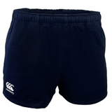 The Canterbury Classics Rugged Drill Short 3-Pack Bundle by Bundle Canterbury includes navy blue athletic shorts with an elastic waistband and white logo, crafted from 100% cotton for a comfortable fit.