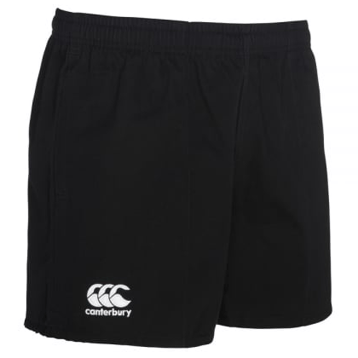 A black Canterbury Classics Rugged Drill Short with a white logo on the side.