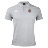 Hampden Sydney College Waimak Polo by EMB Canterbury in gray, featuring embroidered logos on the chest, such as a colorful crest and the Canterbury logo, crafted from a soft cotton-polyester blend.