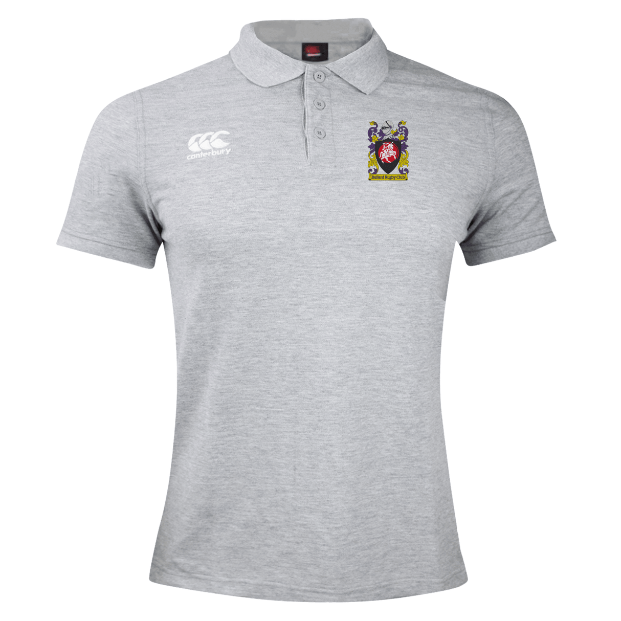 The CenCal Youth Bullard Waimak Polo by EMB Canterbury is a gray rugby polo shirt made from a cotton polyester blend, featuring a striking Canterbury logo on the right chest and a crest on the left.