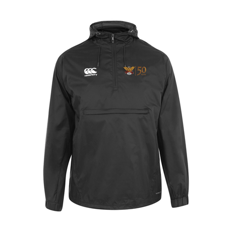 Introducing the Atlanta Old White Rugby 50 Year Anniversary Packaway Jacket by Canterbury: a black hooded windbreaker featuring the EMB Canterbury logo on the right chest and a special 50th-anniversary badge with kangaroo and rugby ball motifs on the left chest, complete with a water-resistant finish to keep you dry.