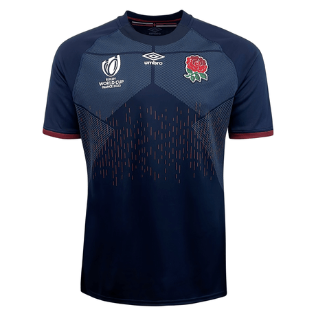 The England RFU RWC 23 Alternate Jersey by Umbro is shown in navy and red.