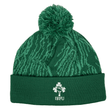 A green Ireland 24 IRFU Bobble Hat by Canterbury, adorned with a pom-pom on top, boasts a textured pattern and the brand logo embroidered in white on the front.