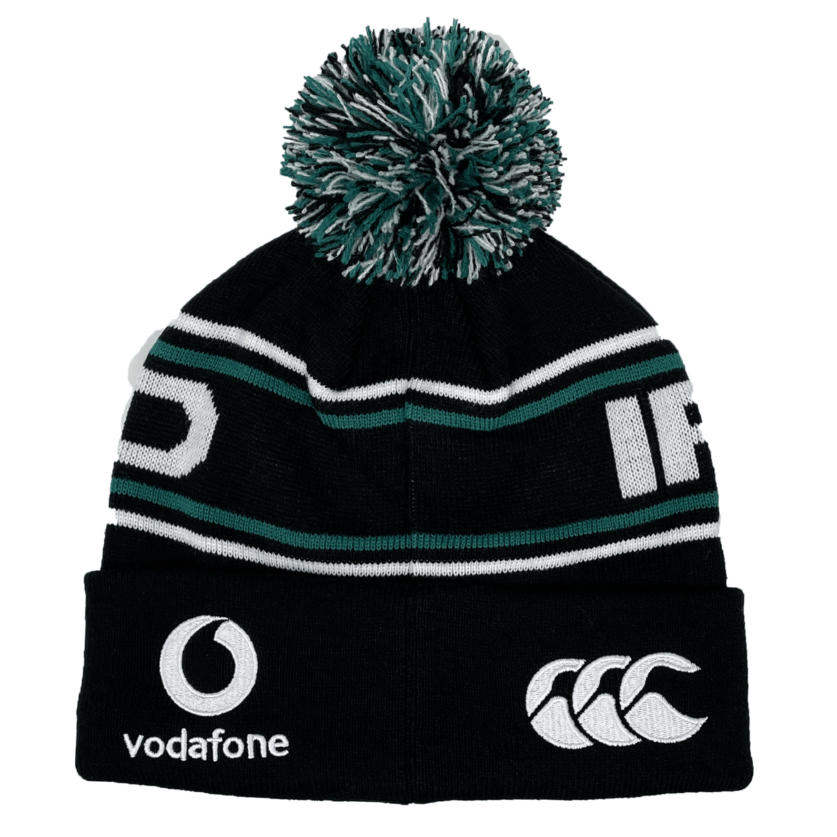 The Ireland 24 Text Bobble Hat by Canterbury is a black knit beanie with a pom-pom on top, featuring the Vodafone and CCC logos. It showcases green and white stripes with the text 'IRFU'.