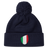 The newly released navy blue Italy Shield Pom Pom Beanie from EMB Canterbury features a striking shield emblem on the front.