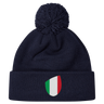 The newly released navy blue Italy Shield Pom Pom Beanie from EMB Canterbury features a striking shield emblem on the front.