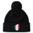 The newly arrived black Italy Shield Pom Pom Beanie by EMB Canterbury features an Italy Shield with vertical green, white, and red stripes.