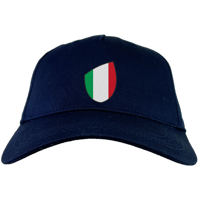 The EMB Canterbury Italy Shield Flex Drill Cap features a navy design with an Italy shield displaying green, white, and red vertical stripes on the front.