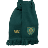 The Ireland 150th Anniversary Scarf by Canterbury is green and features an embroidered emblem of the Irish Rugby Football Union (IRFU) on one end, the Canterbury logo on the other, and has fringed ends.