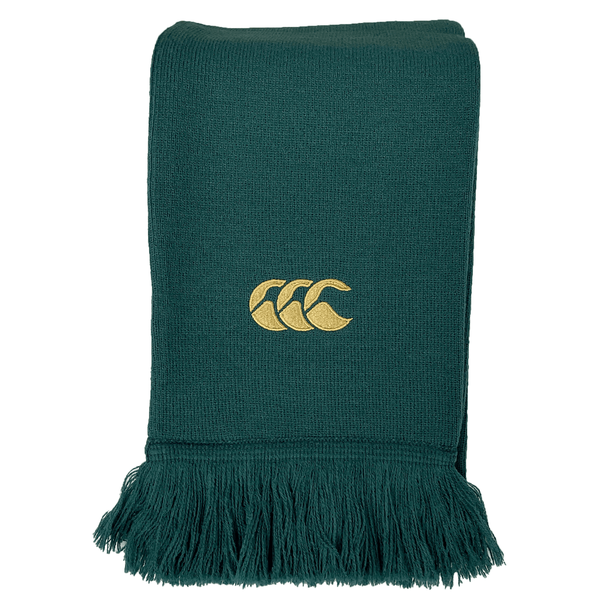 A dark green scarf with fringed ends, featuring a yellow embroidered three-wave logo in the center, from the Ireland 150th Anniversary Scarf collection by Canterbury.