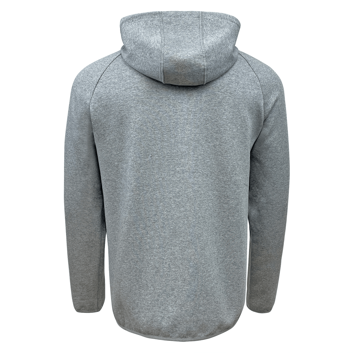 The back view of a grey hooded sweatshirt featuring Canterbury branding and moisture-wicking properties, the Canterbury Tempo Vapodri Full-Zip Hoodie.