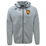 Cincinnati Classical Academy Tempo Vapodri Full-Zip Hoodie by EMB Canterbury in grey with a logo on the left chest, featuring a stylized eagle emblem inside a shield, and Canterbury branding on the right chest.