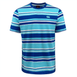 Discover the Canterbury Yarn Dye T-Shirt from Canterbury, a short-sleeved, classic crew neck tee with horizontal stripes in various shades of blue, white, and grey. This 100% cotton shirt features a small logo on the upper left chest.