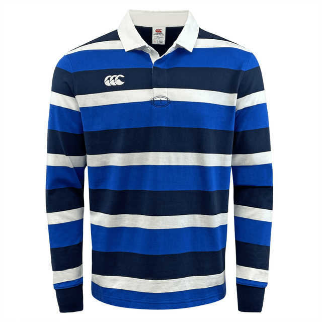 Blue and white horizontal striped long-sleeved Canterbury Fundamentals Striped Long Sleeve Rugby Jersey.