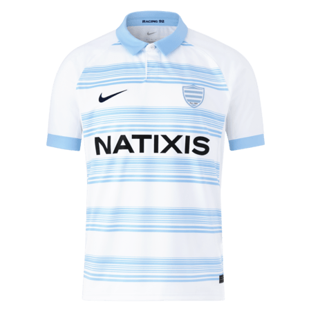 A white and blue Racing 92 Home Jersey 23/24 by Nike with the word natixis on it.